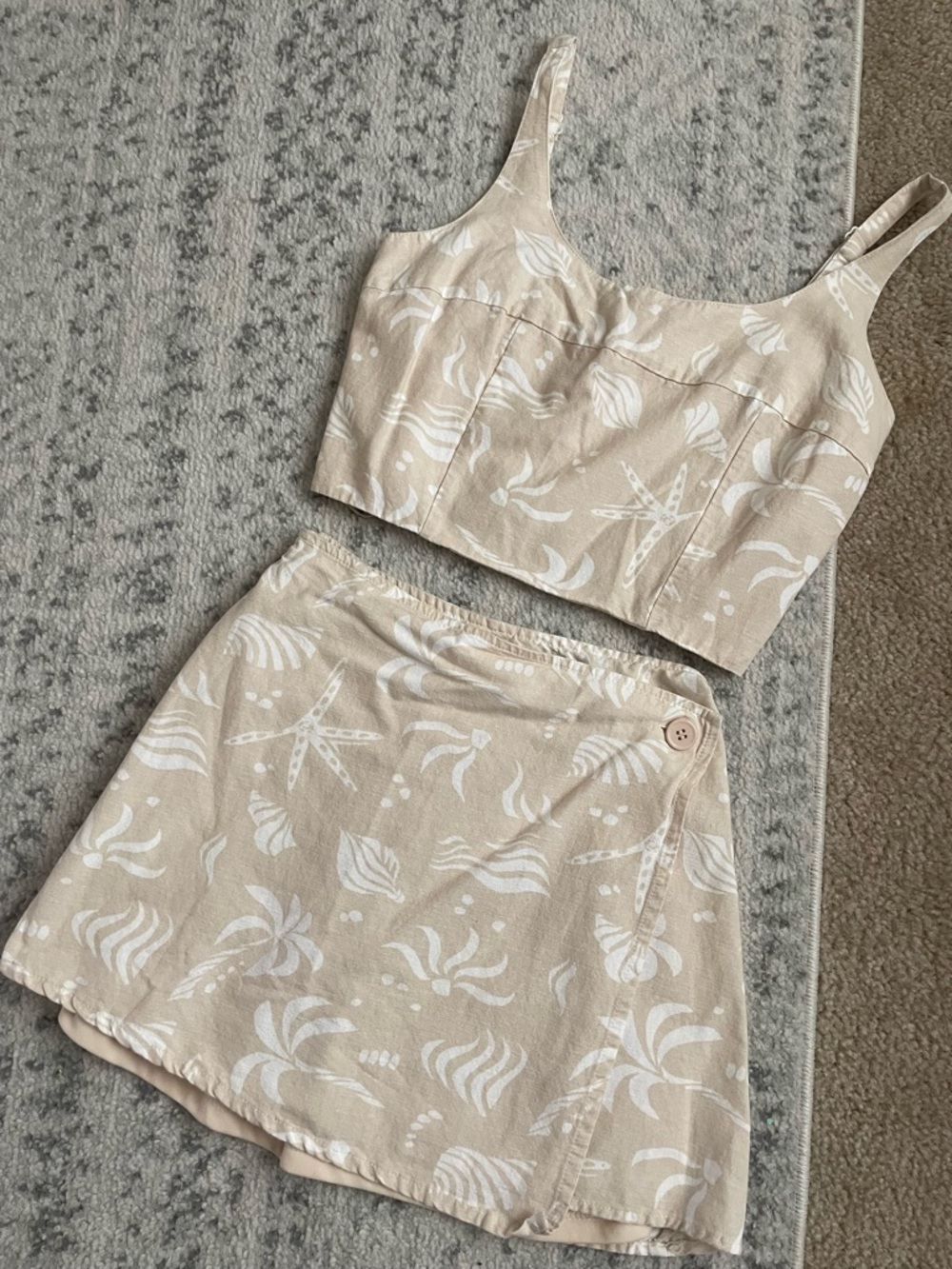 Beige Printed Mini Skirt Set